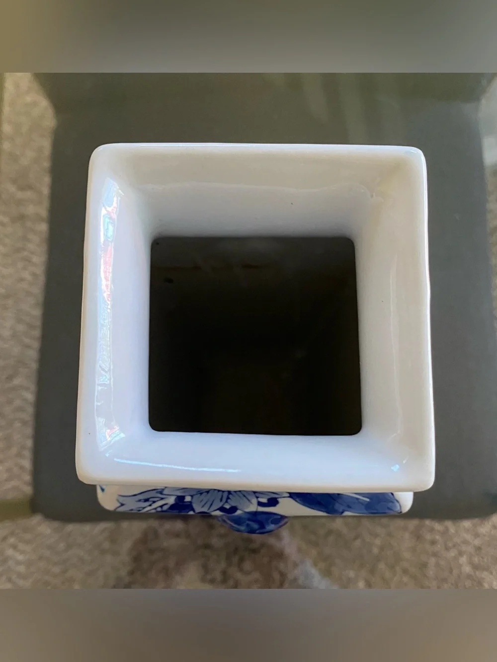Chinoiserie Blue White Chinese Porcelain Vase Flowers Square Base Handles 10”